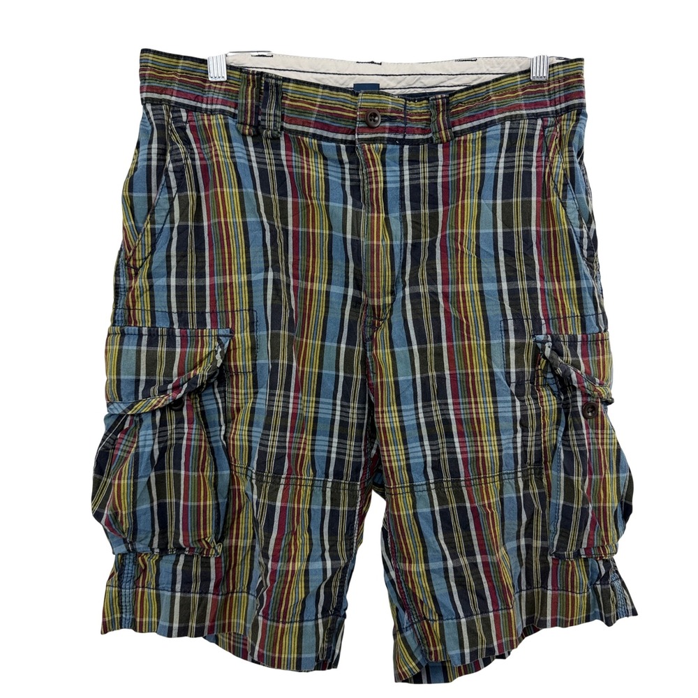 Polo Ralph Lauren Cargo Shorts Mens 34 Blue Plaid Multi Color Cotton Utility Vtg
